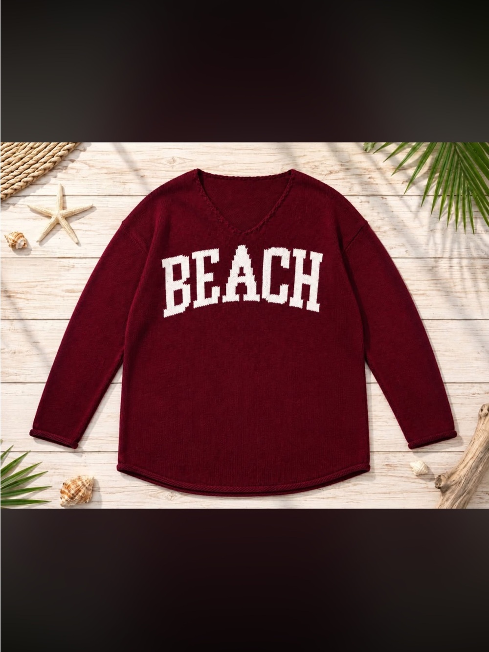 Zenana Outfitters Maroon V-Neck Sweater with White BEACH Lettering